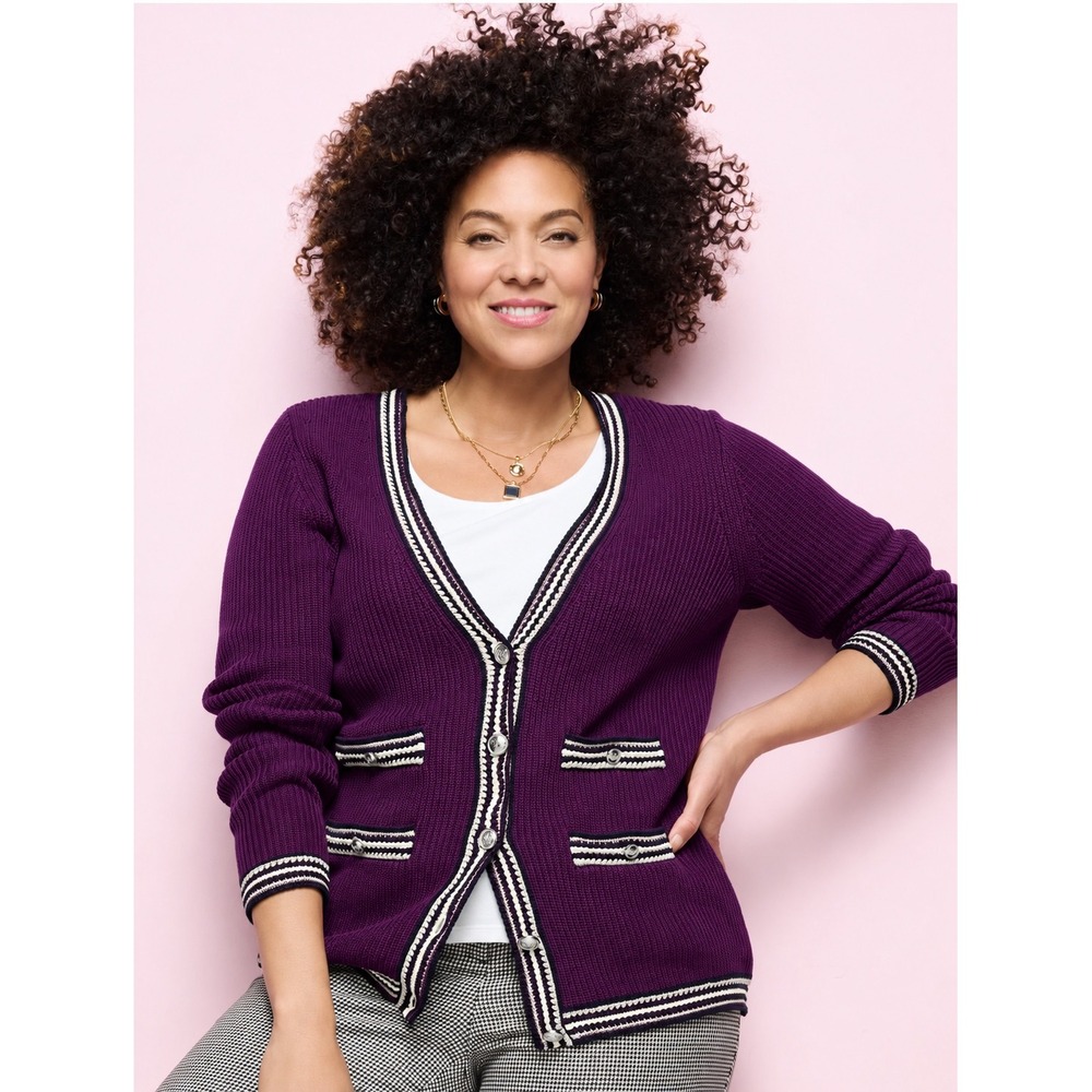 Talbots Plus Womens 2X Purple Cotton Tipped Cardigan Crest Button Sweater
